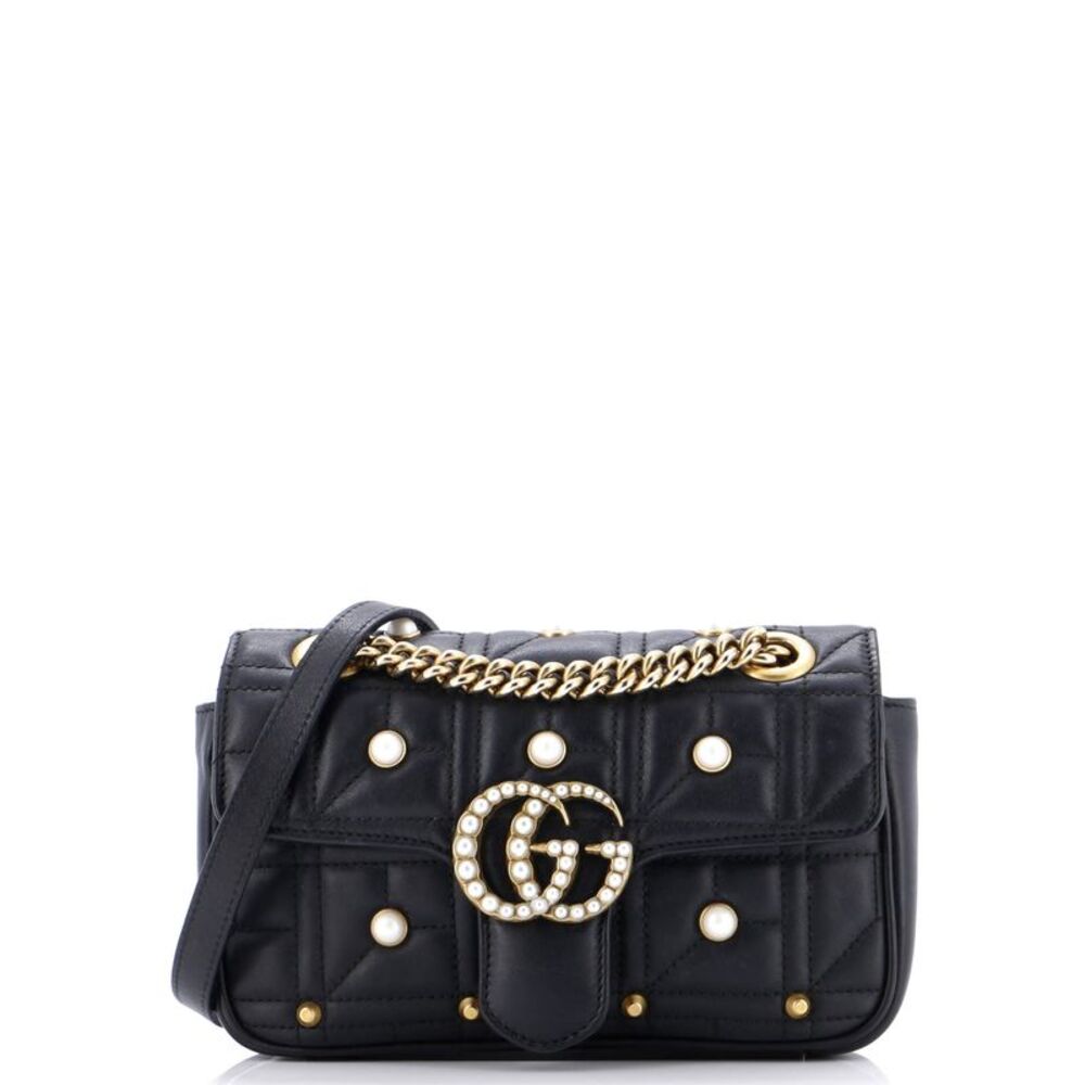 Gucci Pearly GG Marmont Flap Bag Embellished Matelasse Leather Mini Black